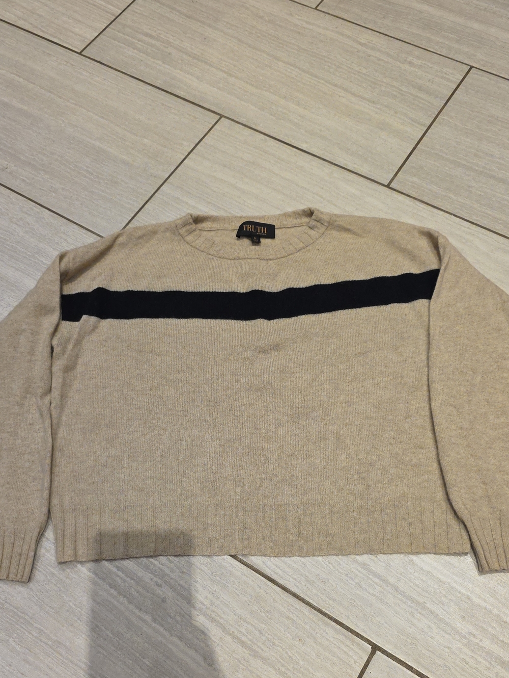 Truth Beige Crewneck Sweater with Black Stripe, 100% Cashmere, Size M